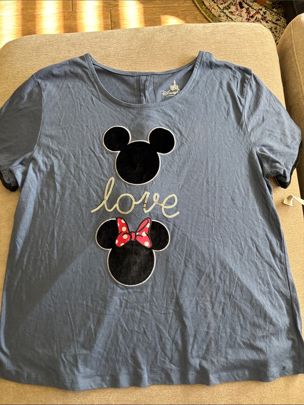Disney Blue Tee with Black Mickey & Minnie Love Graphic.   Velvet trim sleeves.